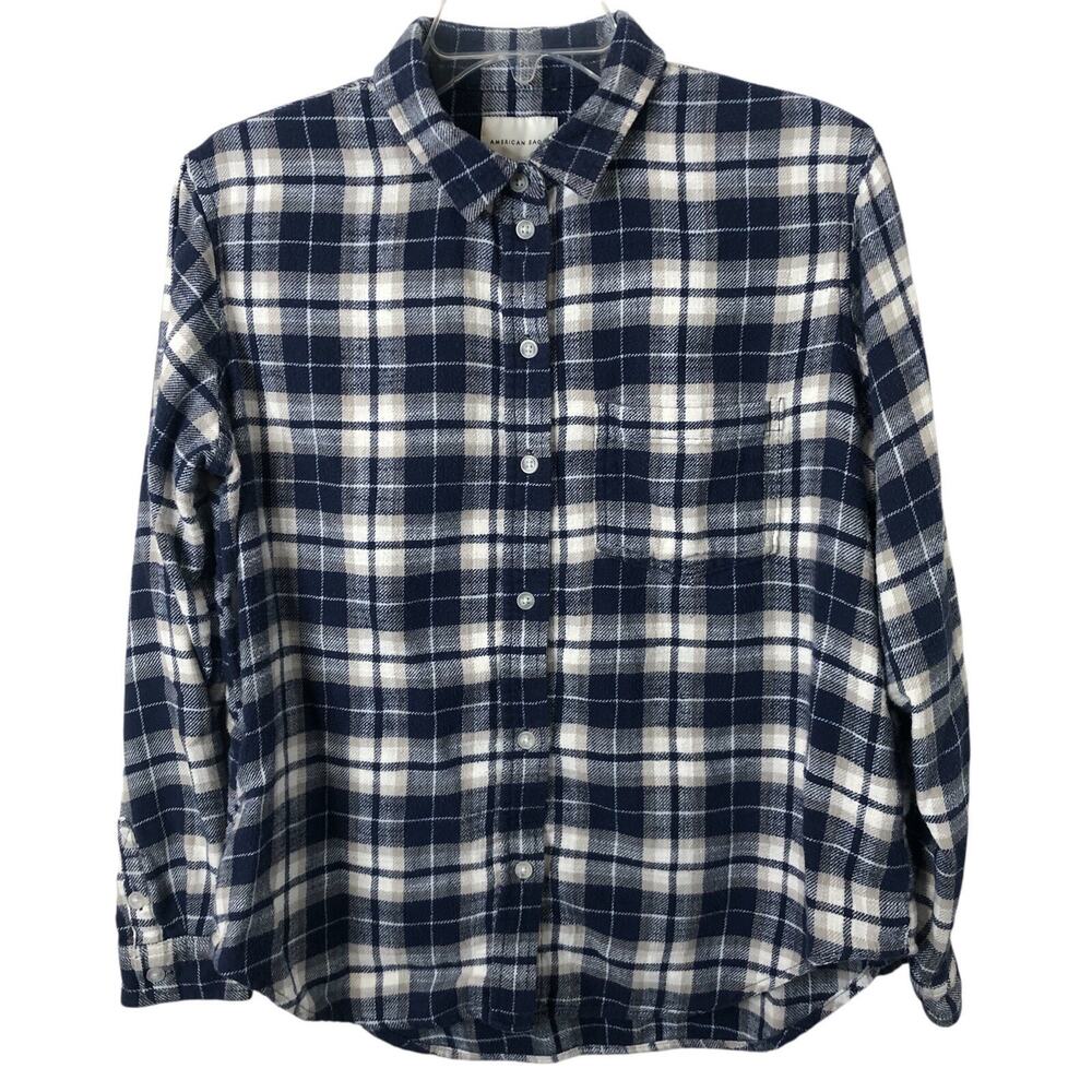 American Eagle Women's Blue Tan Plaid Long Sleeve Flannel Button-Up Shirt XS